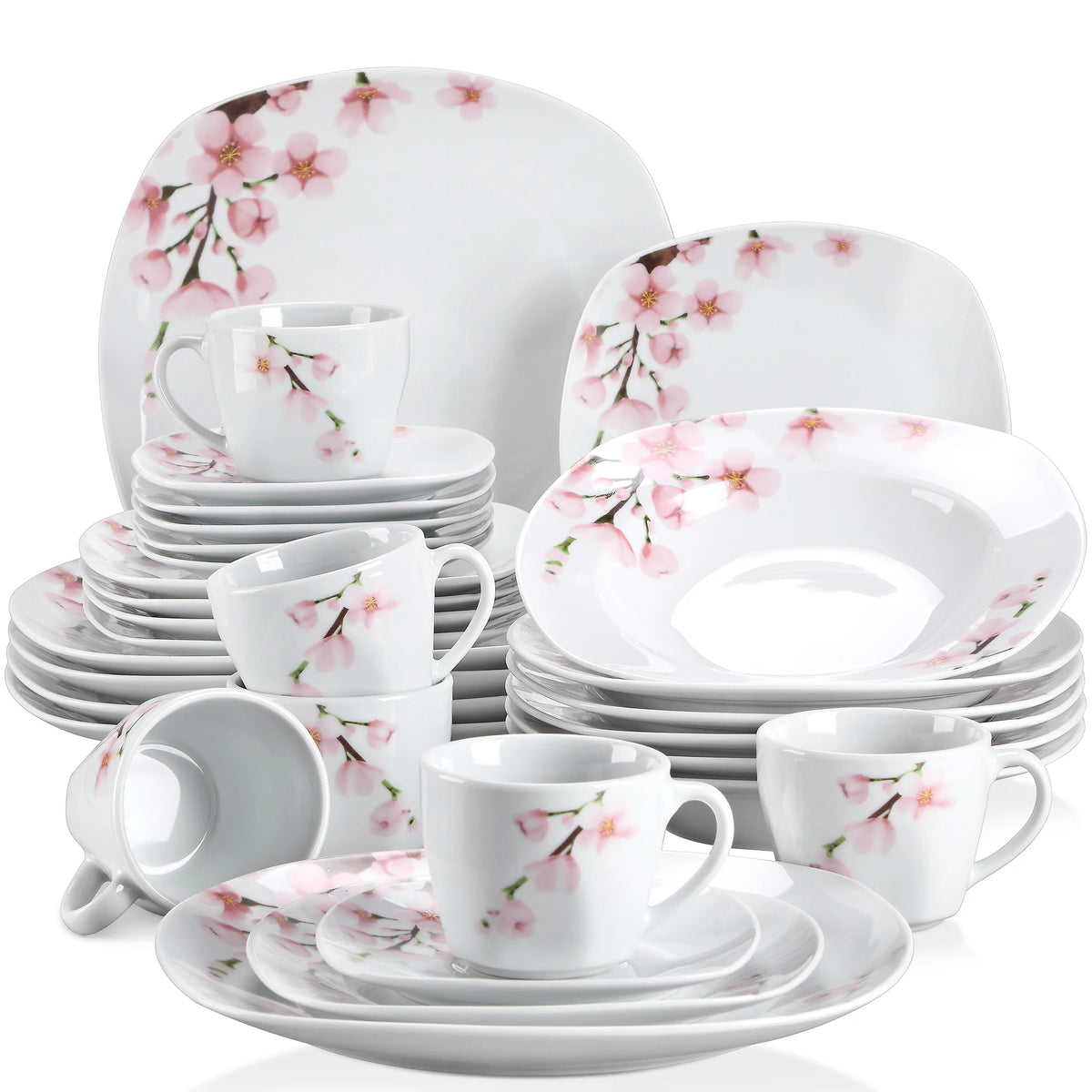 60-Piece White Ceramic Pink Floral with Dinner Soup Dessert Plate