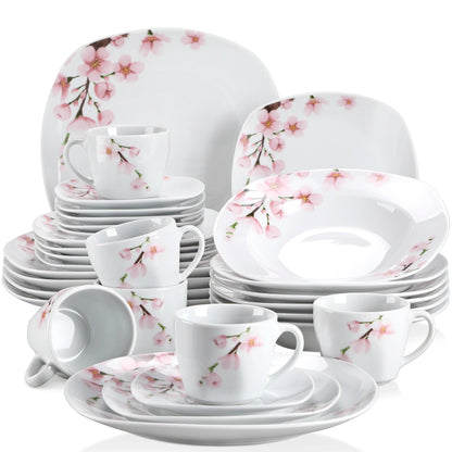 60-Piece White Ceramic Pink Floral with Dinner Soup Dessert Plate
