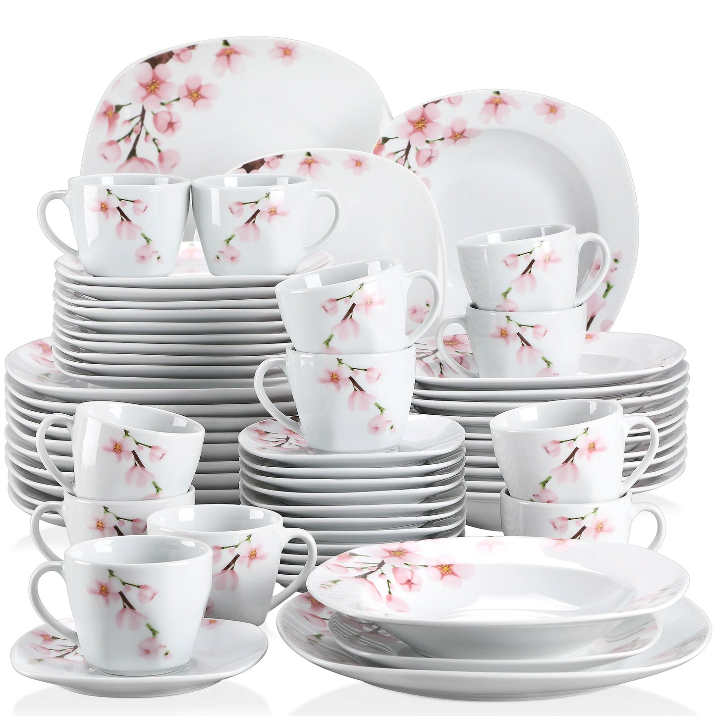60-Piece White Ceramic Pink Floral with Dinner Soup Dessert Plate