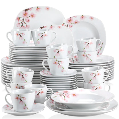 60-Piece White Ceramic Pink Floral with Dinner Soup Dessert Plate