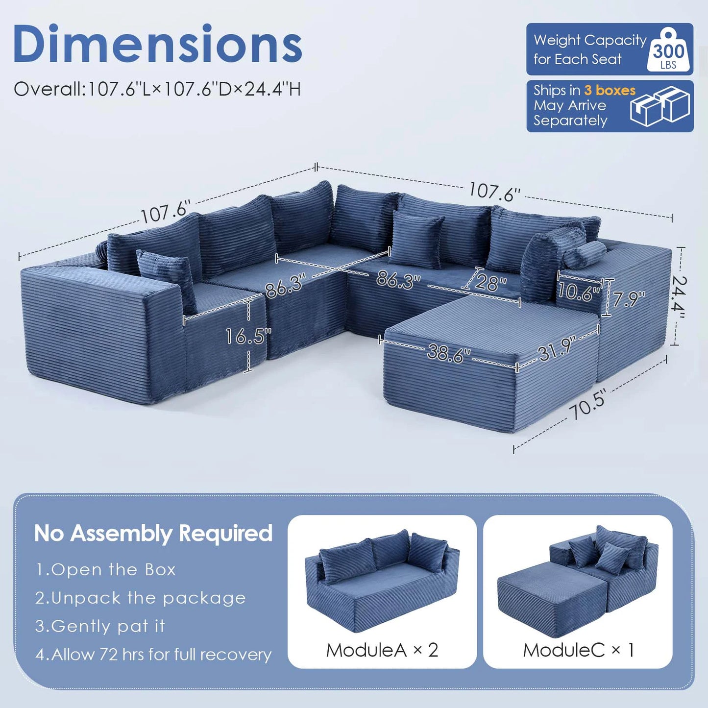 Redlife 107" Boneless Couch with Ottoman