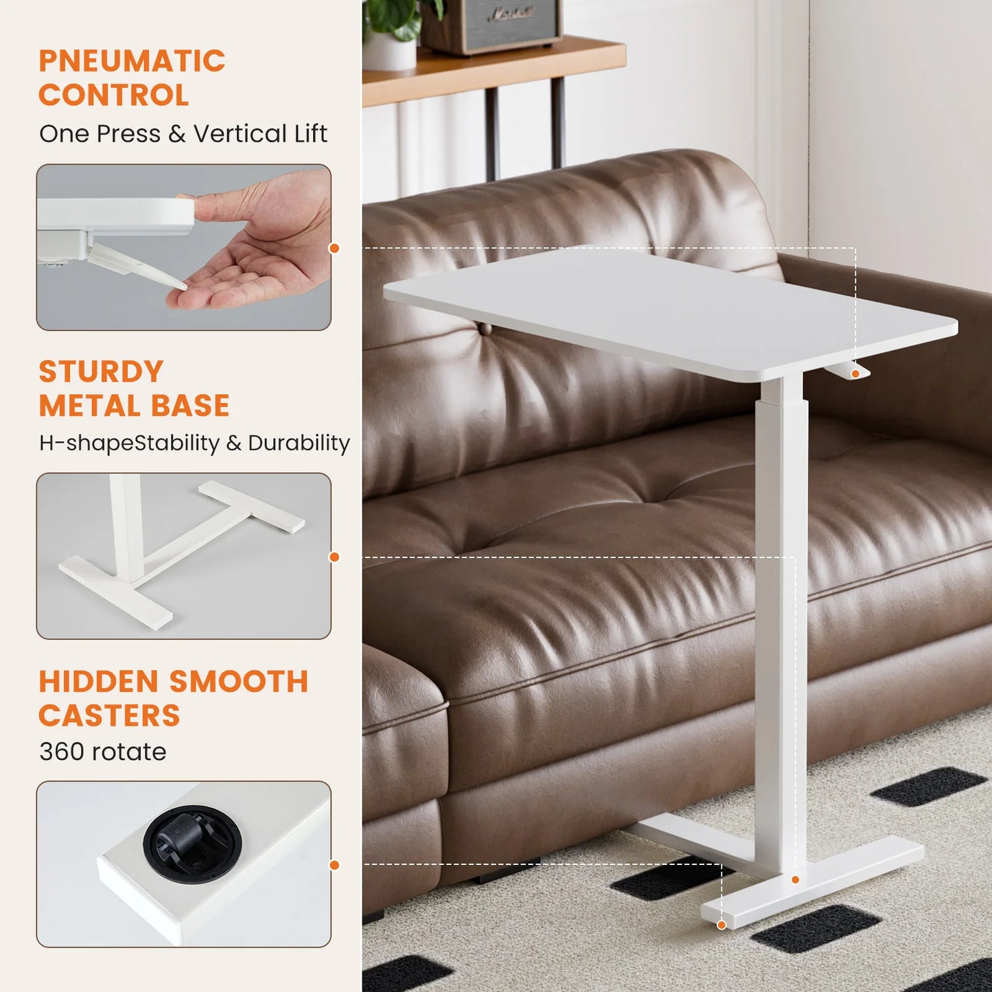 JHK Overbed Bedside Sofa Table with Hidden Wheels