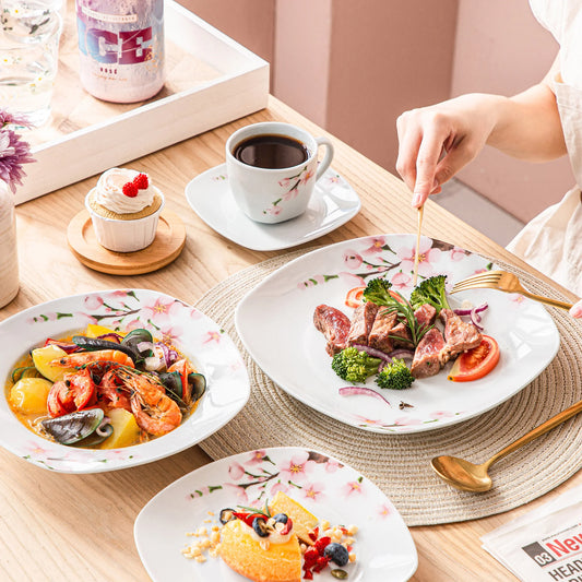 60-Piece White Ceramic Pink Floral with Dinner Soup Dessert Plate
