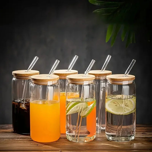 Drinking Glasses with Bamboo Lids and Glass Straw