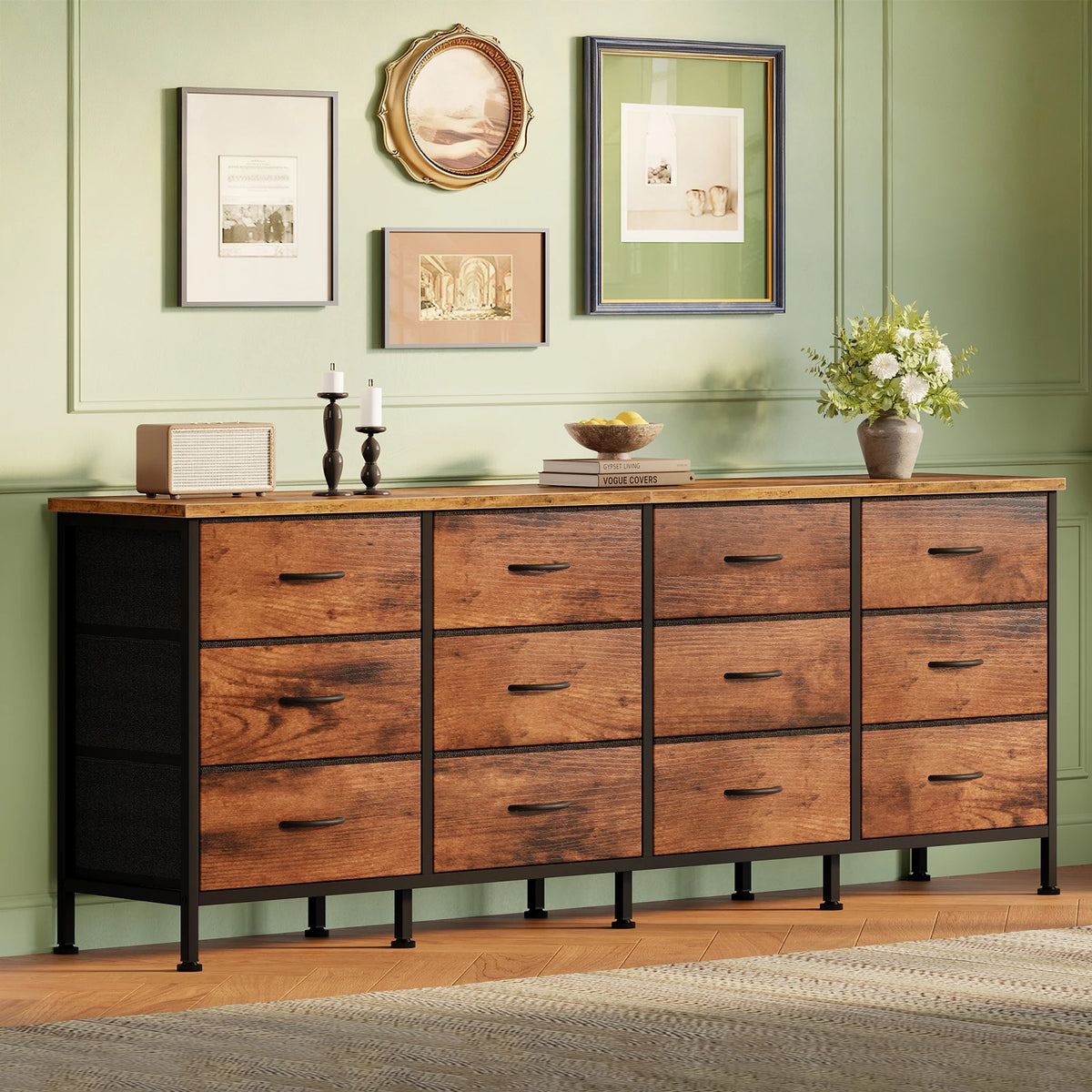 JHK 12 Fabric Cabinet Drawers Beside Nightstand Tables