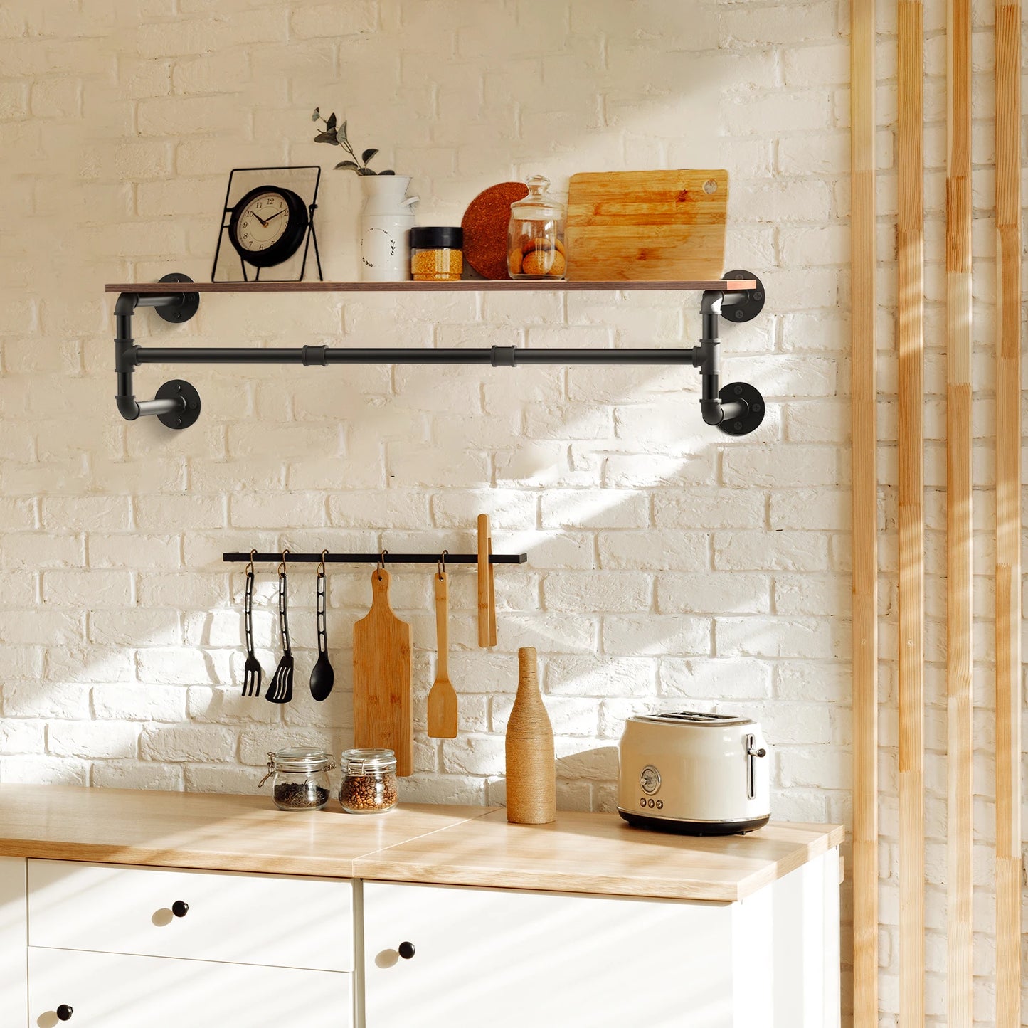 Industrial Pipe Clothes Hanging Rack with Wood Shelf