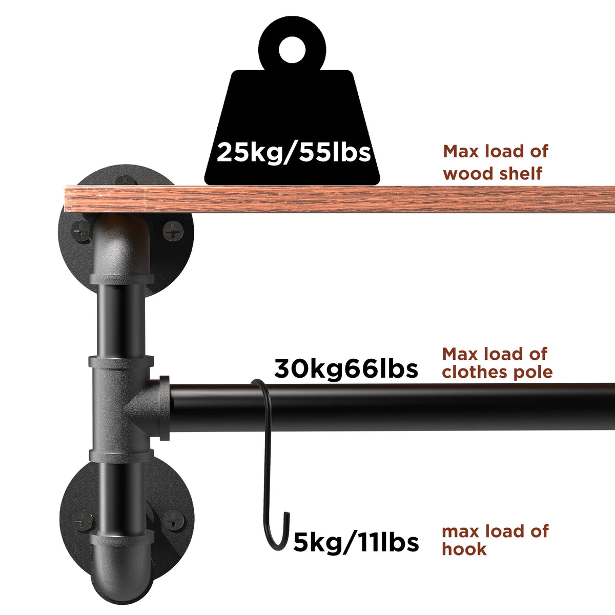 Industrial Pipe Clothes Hanging Rack with Wood Shelf