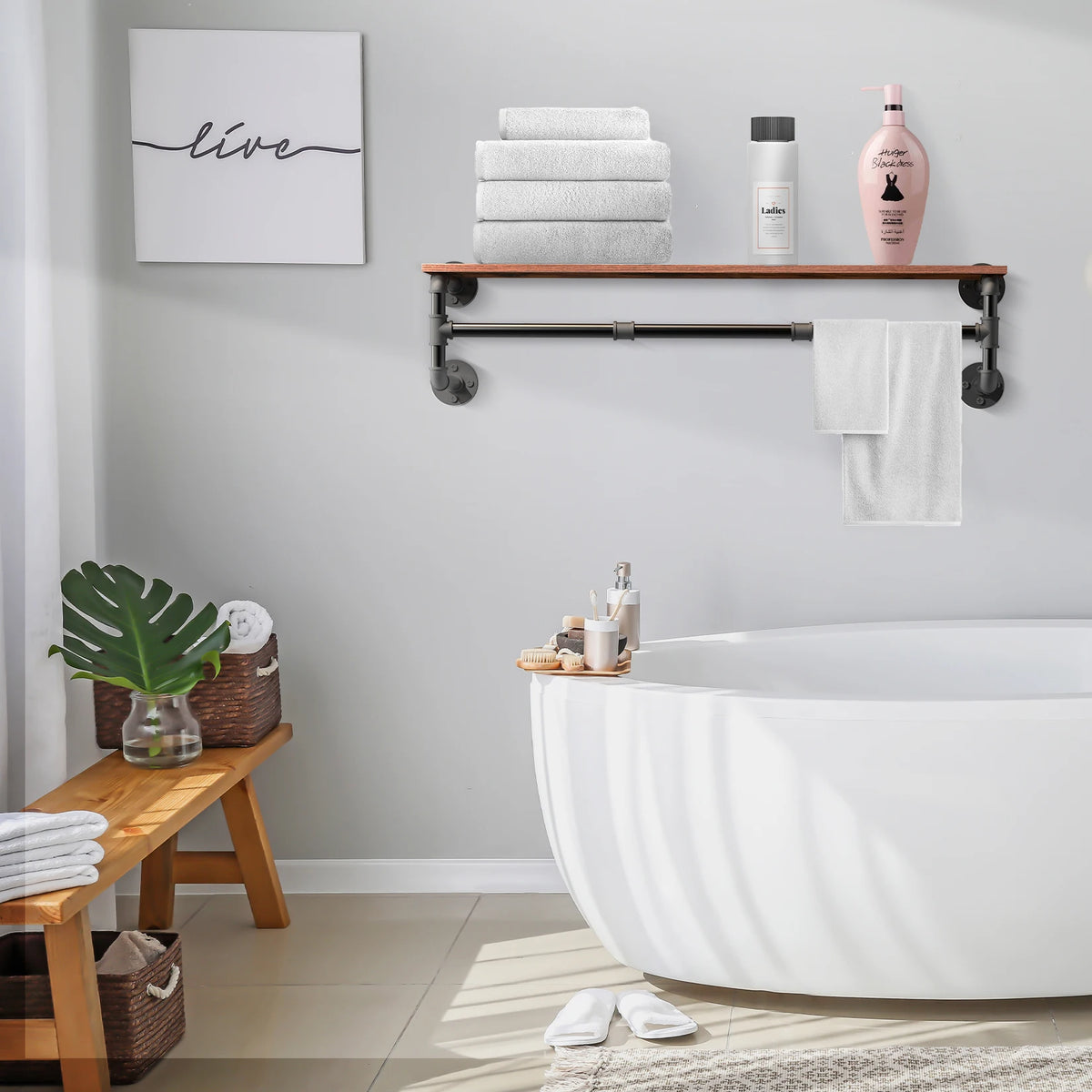 Industrial Pipe Clothes Hanging Rack with Wood Shelf