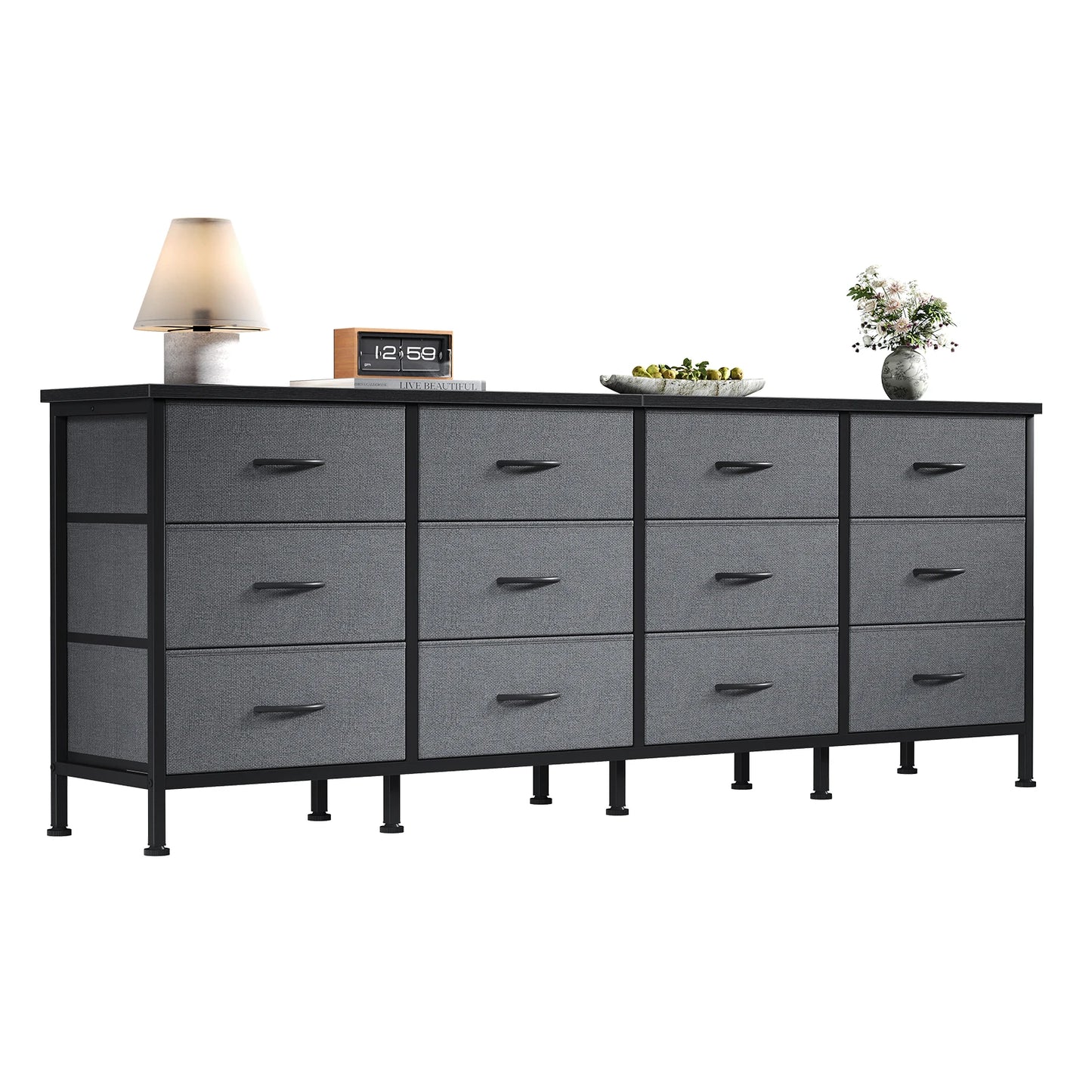 JHK 12 Fabric Cabinet Drawers Beside Nightstand Tables