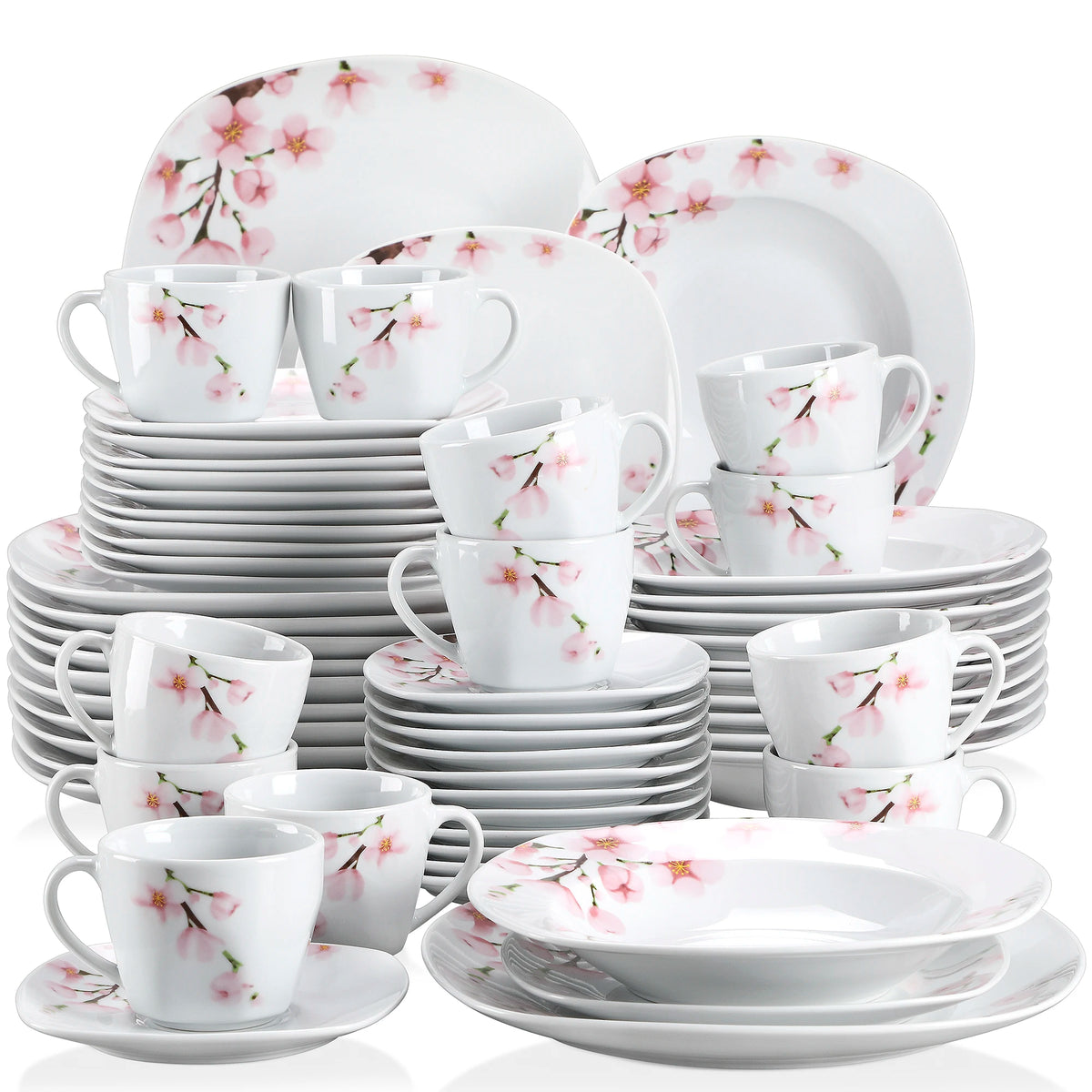 60-Piece White Ceramic Pink Floral with Dinner Soup Dessert Plate