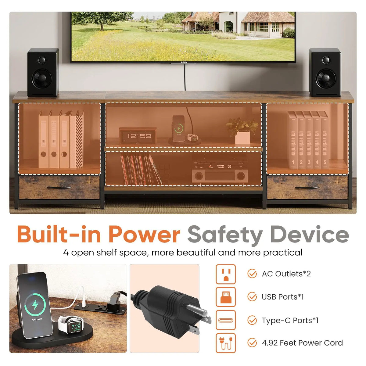 JHK 63IN Wooden Tv Stand For Up To 75 Inch TV Entertainment Center
