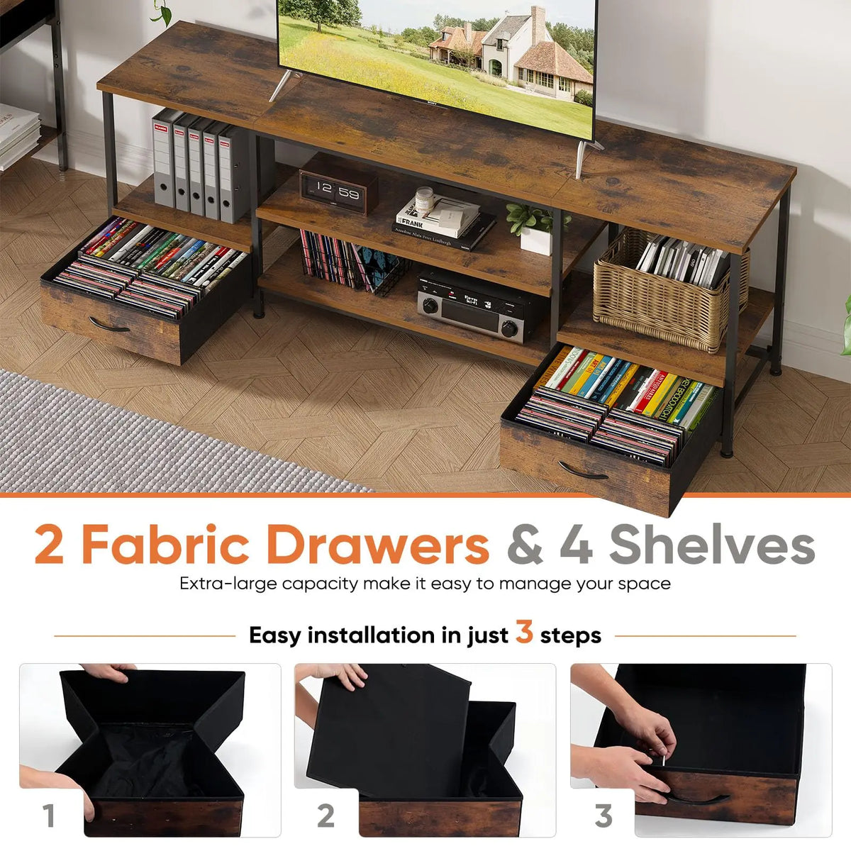 JHK 63IN Wooden Tv Stand For Up To 75 Inch TV Entertainment Center