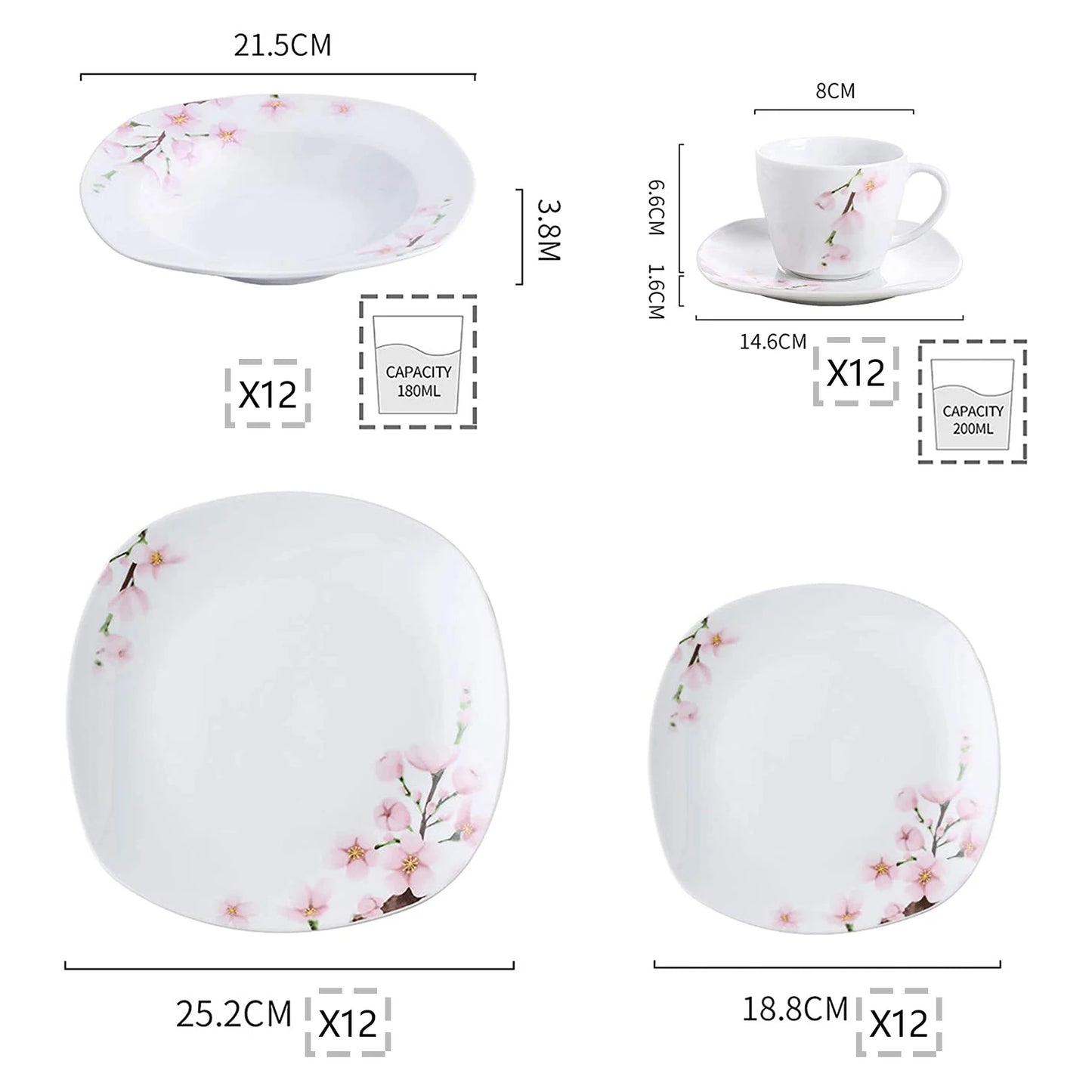 60-Piece White Ceramic Pink Floral with Dinner Soup Dessert Plate
