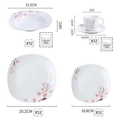 60-Piece White Ceramic Pink Floral with Dinner Soup Dessert Plate