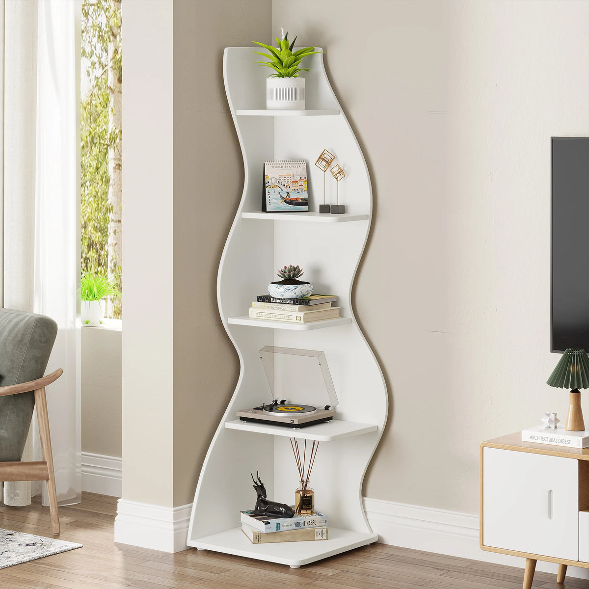 Tribesigns Corner Shelf, Modern 5-Tier Wall Corner Bookshelf, Stylish Corner