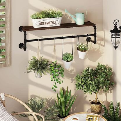 Industrial Pipe Clothes Hanging Rack with Wood Shelf