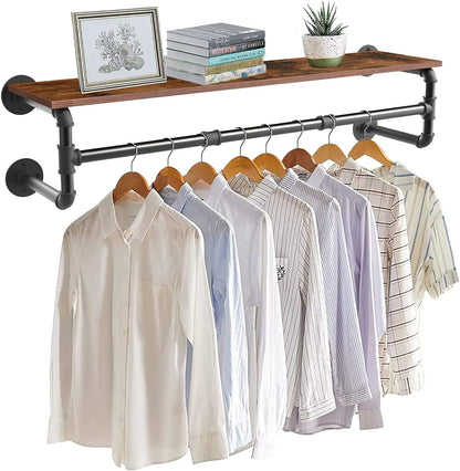 Industrial Pipe Clothes Hanging Rack with Wood Shelf