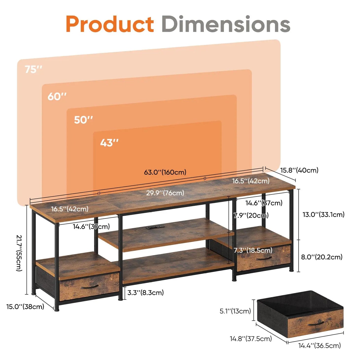 JHK 63IN Wooden Tv Stand For Up To 75 Inch TV Entertainment Center